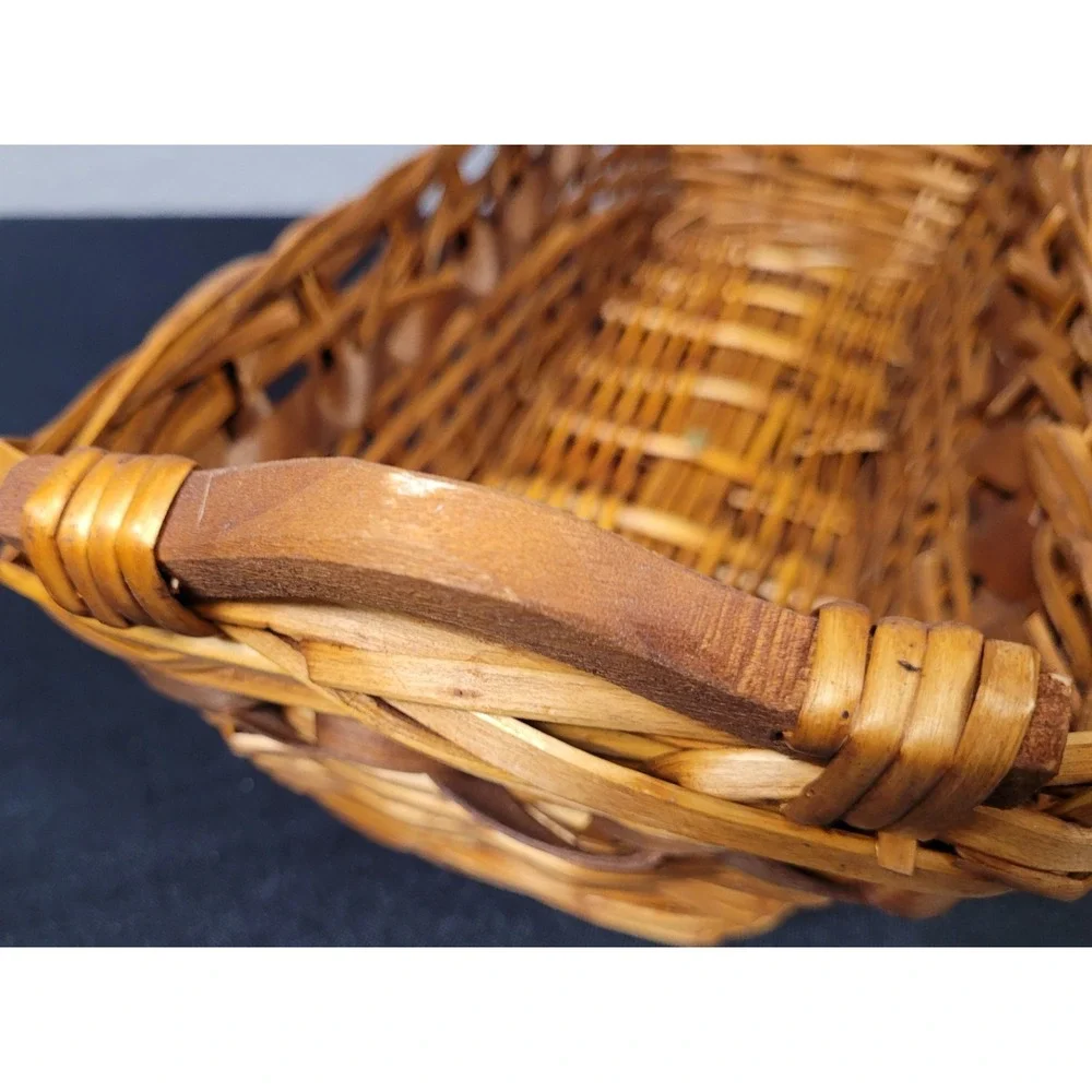 Vintage 1980s Wicker and Chipwood Rectangular Serving Basket with Wood Handles